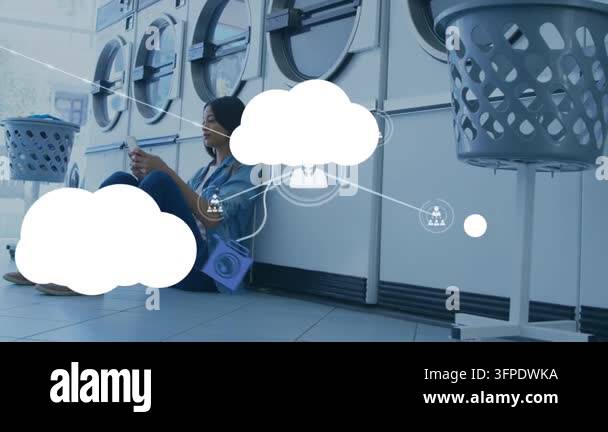 Animation of network of connections with clouds over woman using ...