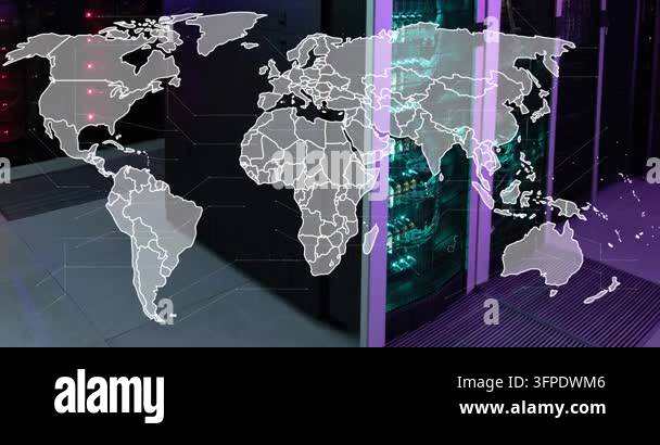 Animation of world map against computer server room. Global networking ...