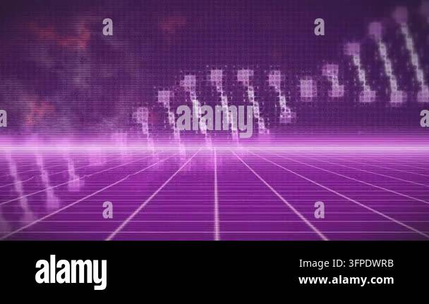 Animation of dna structure spinning over grid network against purple ...