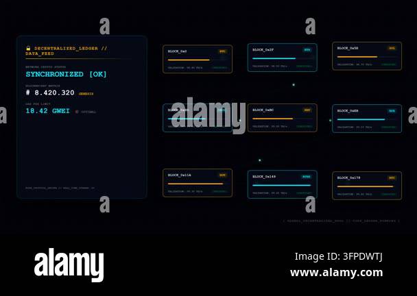 Decentralized ledger blockchain network data feed HUD interface with ...