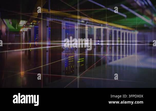 Glowing grid network over empty computer server room. business data and ...