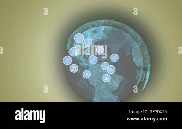 Animation of globe and technology icons on green background. global ...