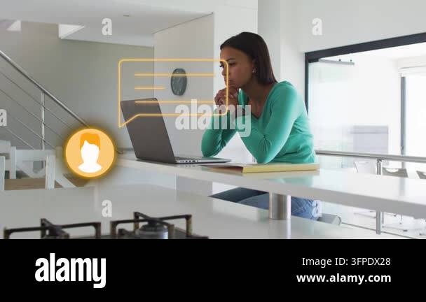 Incoming yellow chat icon appearing, woman reading laptop message and ...