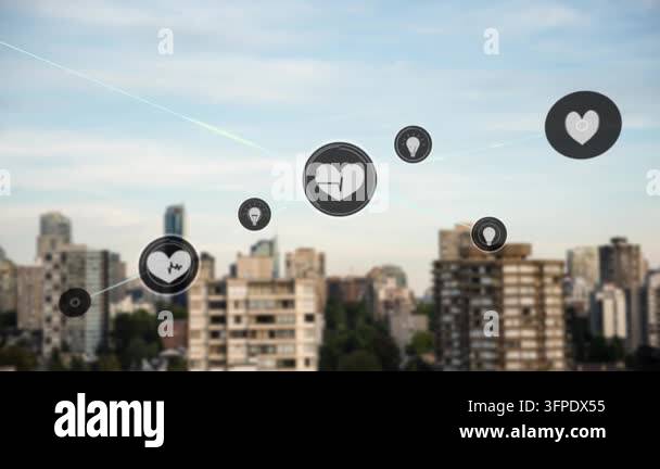 Animation of network of digital icons against aerial view of tall ...