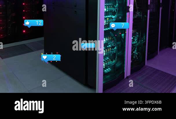 Animation of notification with numbers icons over data server racks ...