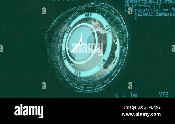 Animation of clock and data processing over dark background. global ...