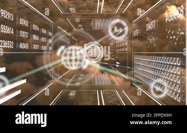 Animation of data processing with network of connections over sky with ...