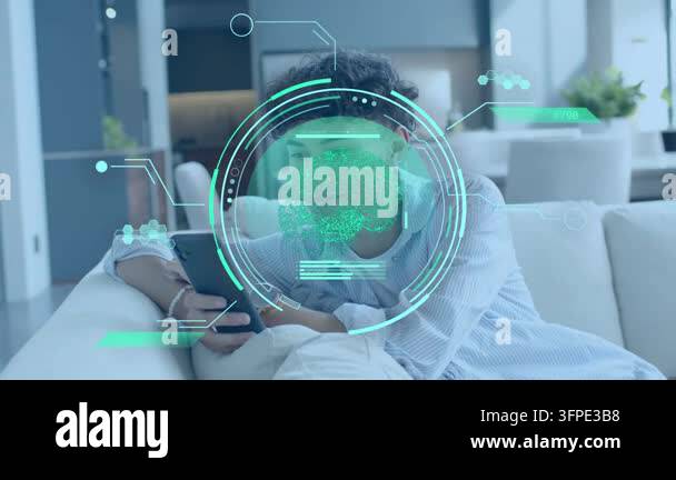 Overlay Html Over Video Man reclining on sofa tapping phone, activating AR tech centering over ...
