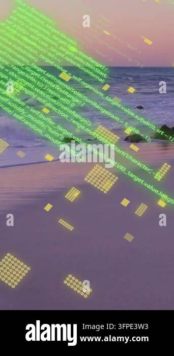 Vertical video: AR overlays appearing over sunset shore after pause ...