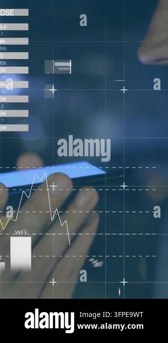 Vertical video: Tapping smartphone man querying data charts, map in ...