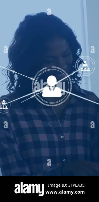 Vertical video: Woman tapping device, tech team sharing data, network ...