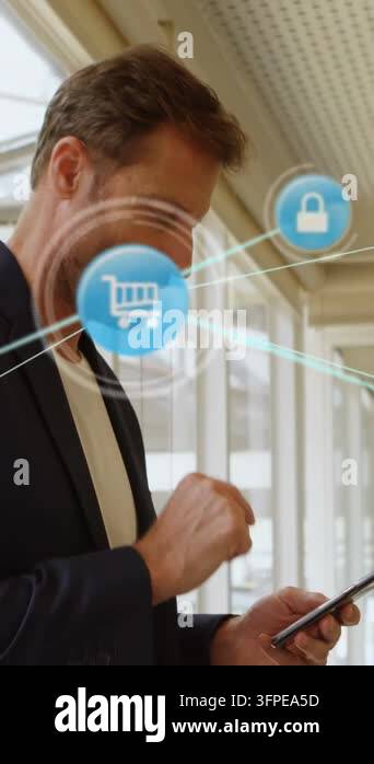 Vertical video: Man tapping phone in glass atrium, generating animated ...