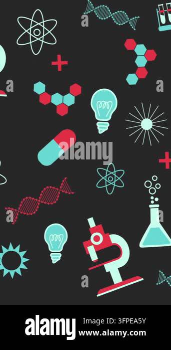 Animation of science items icons on black background. Global science ...