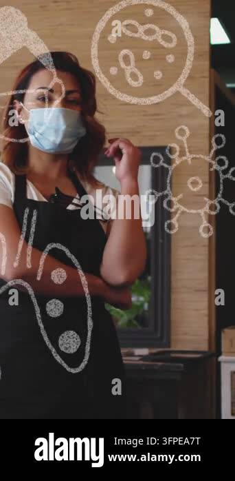 Animation of coronavirus icons over two caucasian female hairdressers ...