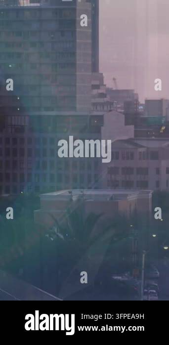 Animation of multiple screens with data processing over aerial view of ...