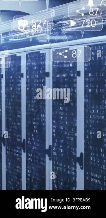 Animation of social media icons and numbers on banners over tech room ...