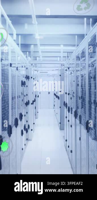 Animation of icon in circles over binary codes on data server racks in ...