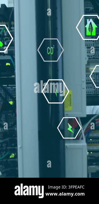 Animation of digital icons over servers. global digital interface, data ...
