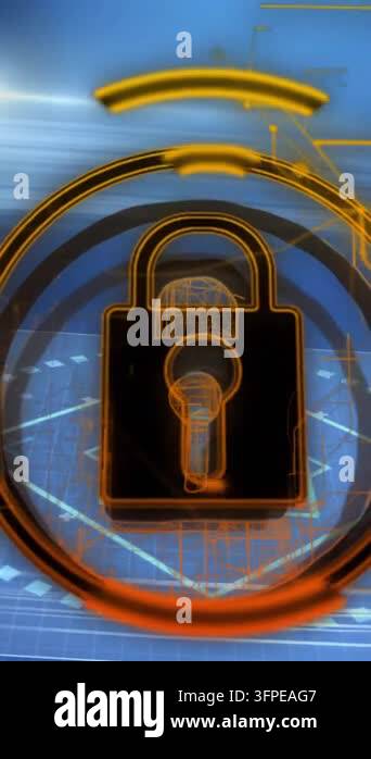 Digital padlock icon over futuristic data security animation ...