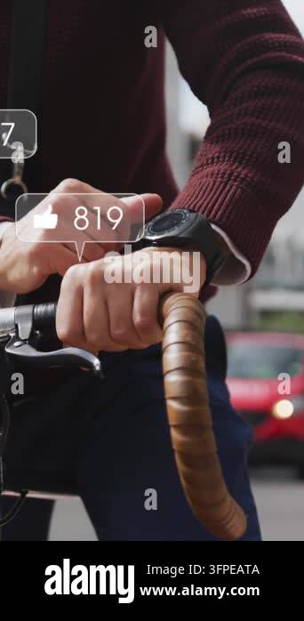 Animation of social media icons over senior man using smartwatch ...