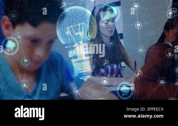Center student lifting gaze and smiling as holo bulb appearing network ...