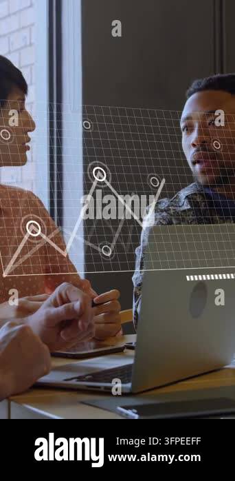 Vertical video: Woman pointing pen starting laptop UI cycling line area ...