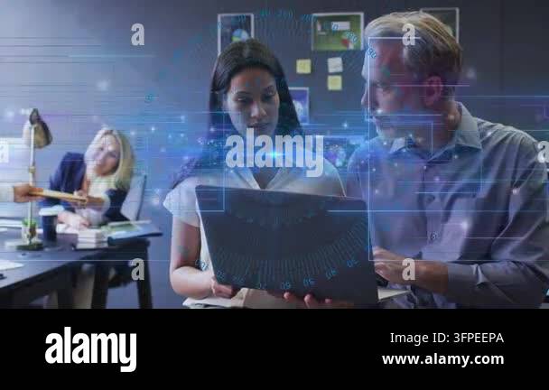 Woman opening laptop causing blue tech UI man leaning reviewing work ...