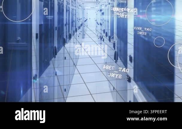 Network Mapping Visualization Camera pushing down server aisle, HUD grid projecting, nodes converging ...