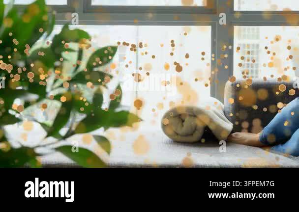 Overlay Html Over Video Woman settling on window-seat, bringing laptop, typing with bokeh ...