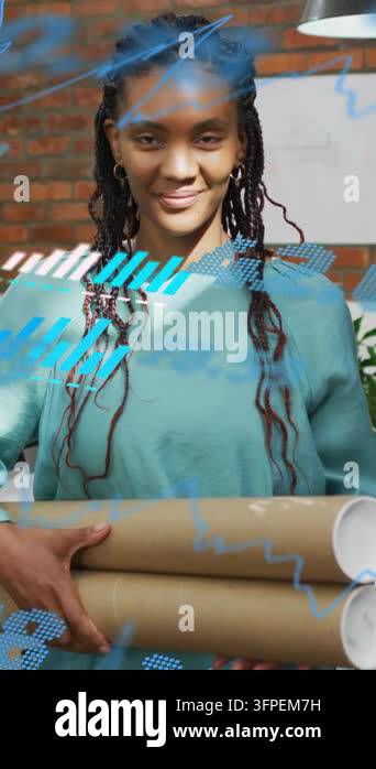 Vertical video: Woman with tubes raising head, blue charts overlaying ...