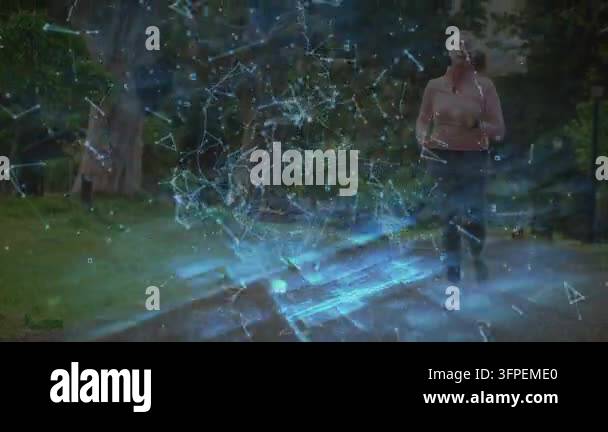 Female jogger moving toward camera while holo fitness network appearing ...