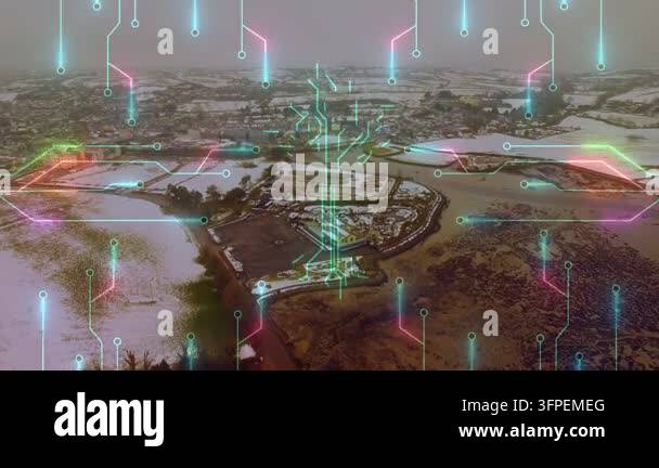 Overlay Html Over Video Drone approaching initiating cyan circuitry overlay over peninsula ...