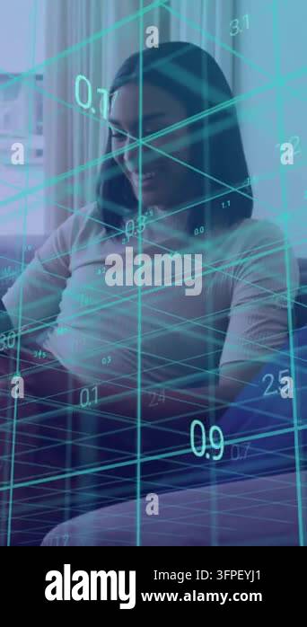 Numer Connection Animation of numbers, data processing over grid and woman using tablet ...