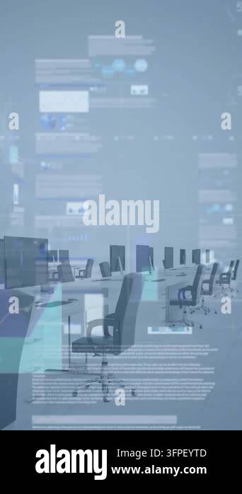 Animation of multiple screens with data processing against empty office ...