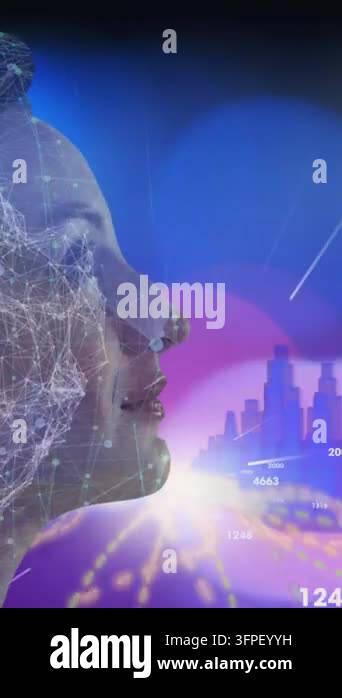 Animation of woman over digital interface 3d blue glowing architectural ...