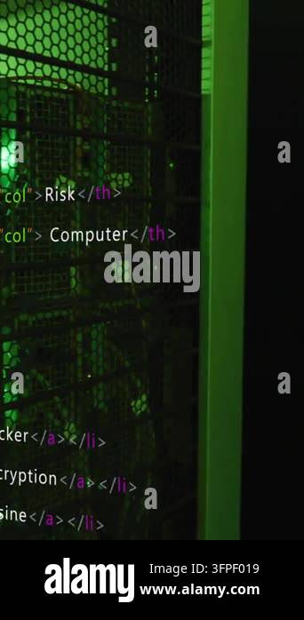 HTML code animation over green-lit server room. Technology, innovation ...