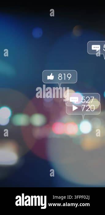 Animation of notification labels over blurred moving vehicles on street ...