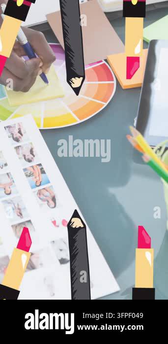 Animation of fashion equipment icons repeated over fashion studio ...