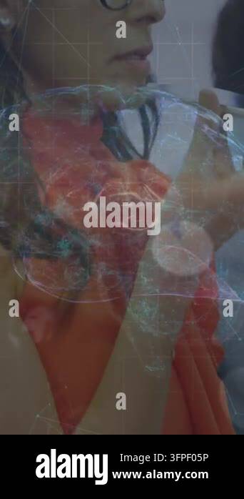 Animation of globe and binary code over business people wearing phone ...
