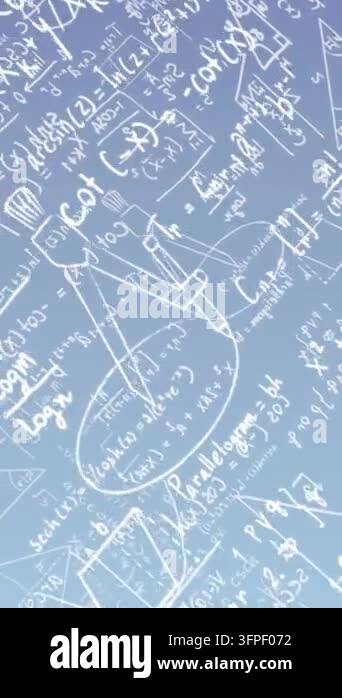 Animation of mathematical data processing on blue background. Science ...