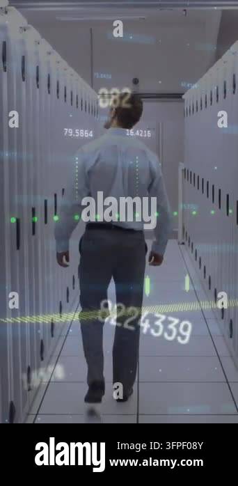 Financial data processing against rear view of male engineer walking in ...