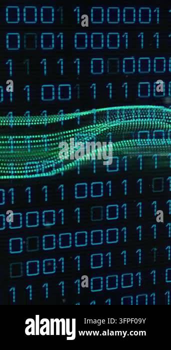 Binary code and green wave animation, data processing concept ...
