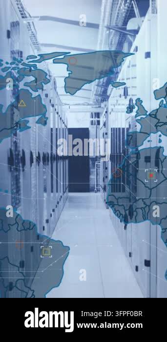 Animation of circuit board pattern and map over binary codes on server ...