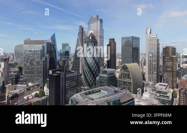 Aerial panorama shows London's financial district with iconic ...