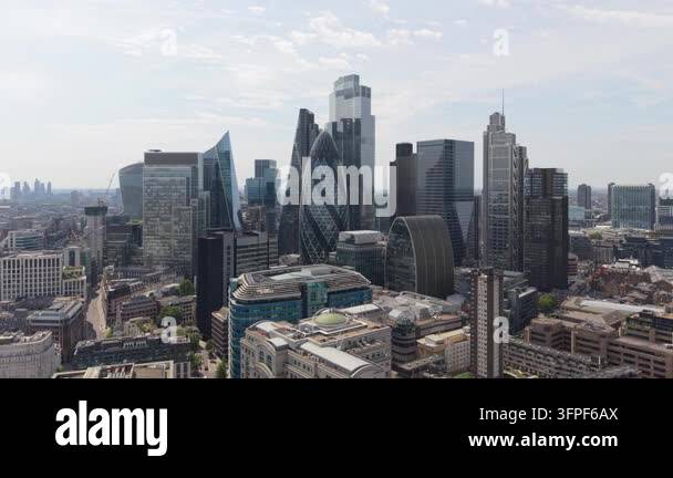High angle perspective shows London City financial district with many ...