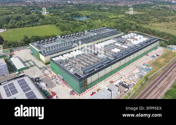 An aerial perspective shows large Data Center buildings during daytime ...