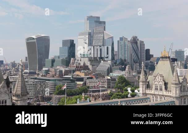 Elevated view of London's financial district on a bright day. Modern ...