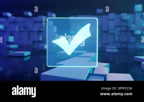 Glowing blue check mark icon inside a square frame on blocks Stock ...