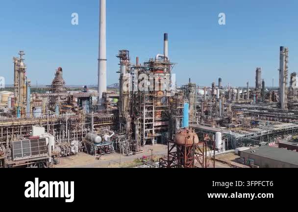 An expansive oil refinery operates under a clear blue sky Stock Video ...