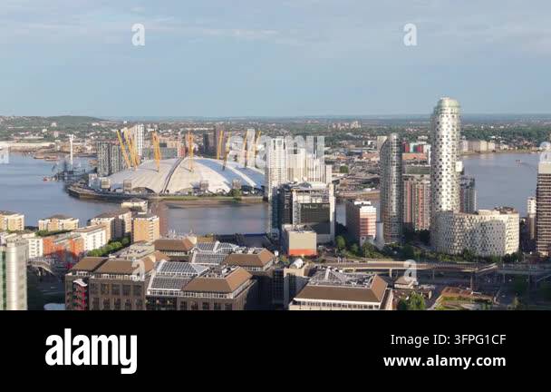 Expansive London city overview on a clear day. The iconic O2 Arena and ...
